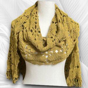 Knitted Openwork Mustard Scarf with Floral Pattern